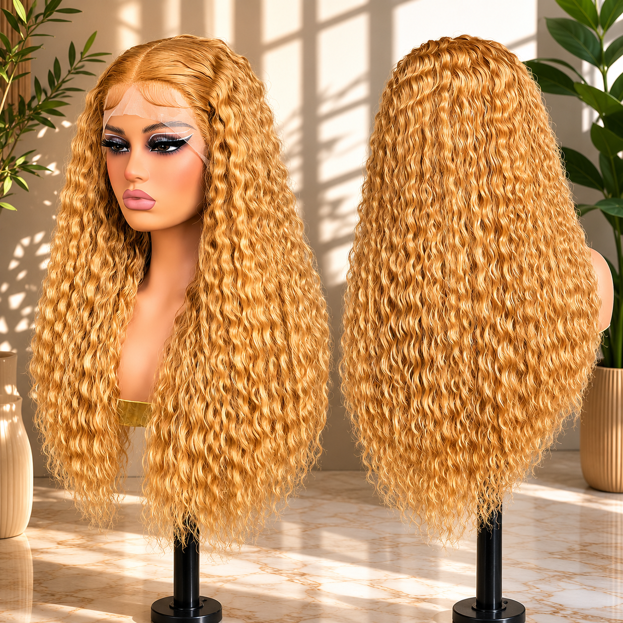 Perruque bouclée sans colle Cheveux humains blonds
